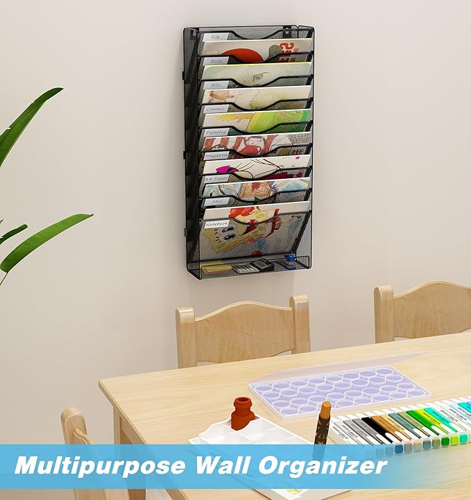 Solinxe 10 Tier Wall File Organizer, Vertical Mesh Paper Mail Organizer Wall - Image 6