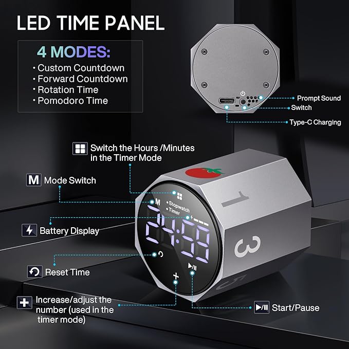 Digital Pomodoro Timer, Frosted Metal Productivity Cube Timer, 1.8 in LED - Image 7