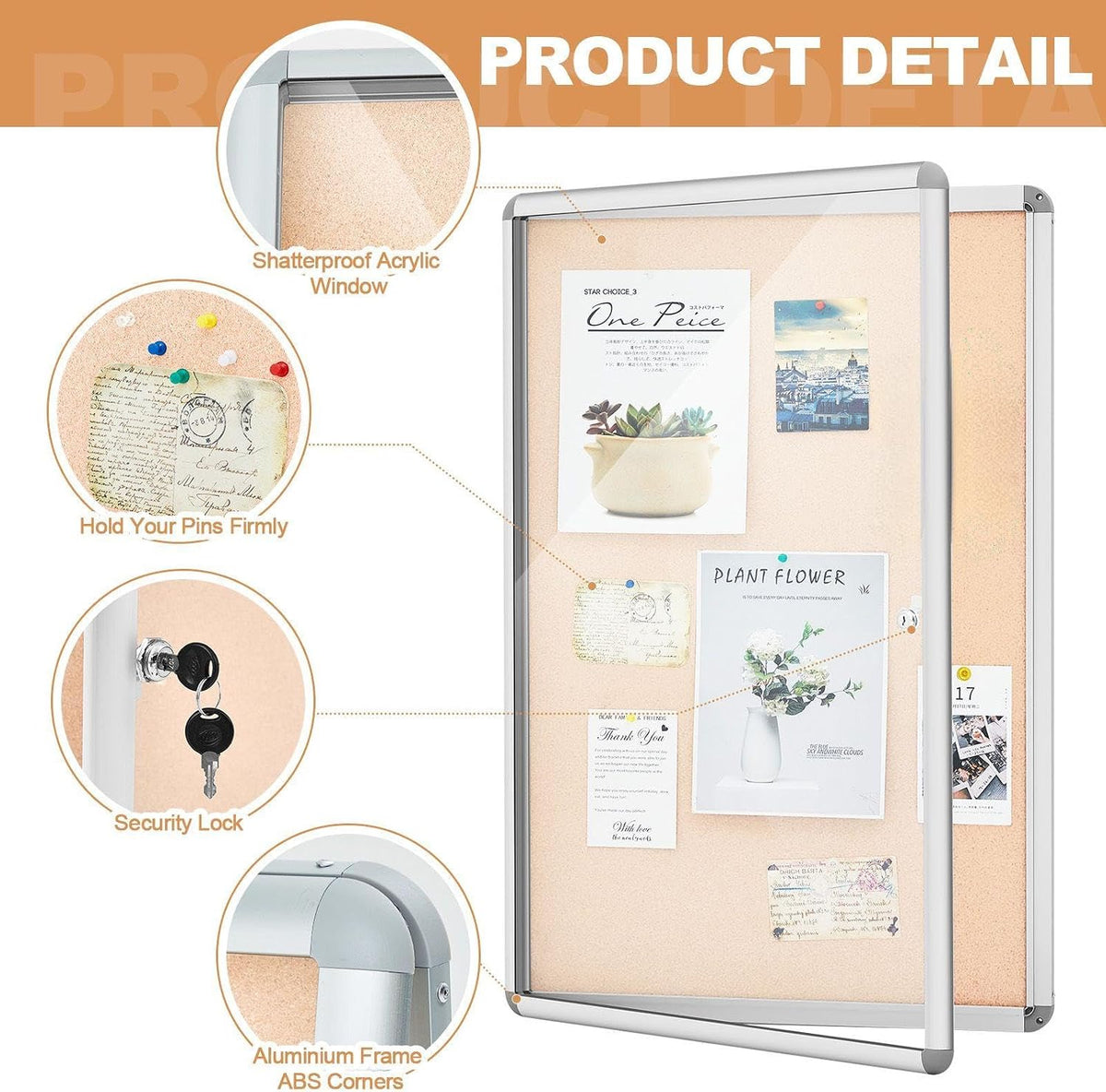geetery 26 x 20 inch beige enclosed bulletin, side view