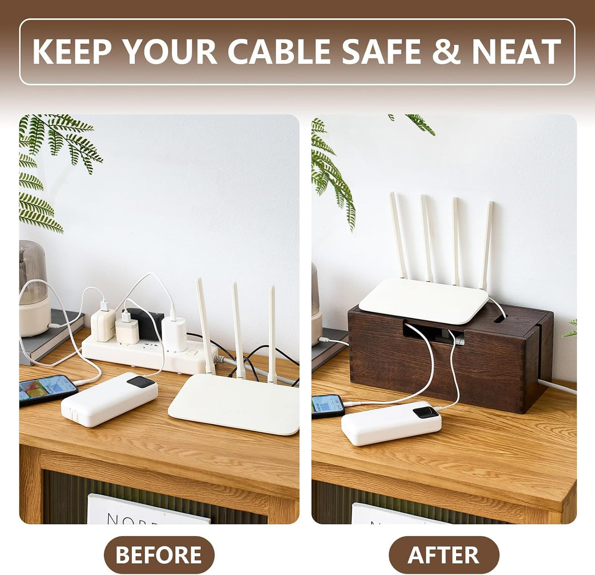 Oak Wood Cable Management Box - Large Cord Hider & Organizer with Magneti...