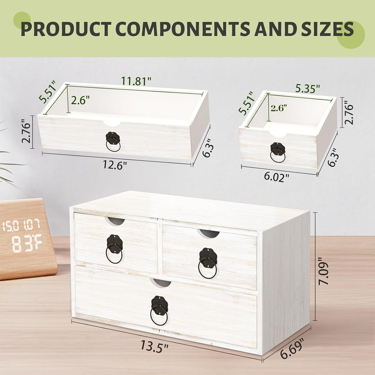 Wood Desk Organizer with Drawer, White Wooden Desktop Organizer, Tabletop Sto...