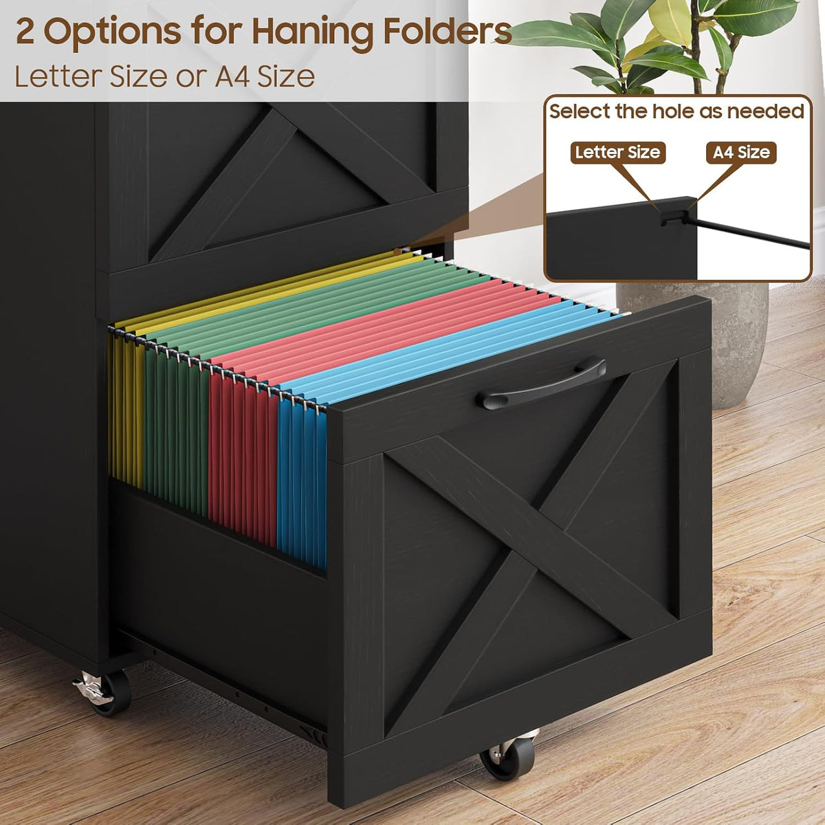3 drawers tall farmhouse file cabinet with wheels, side view