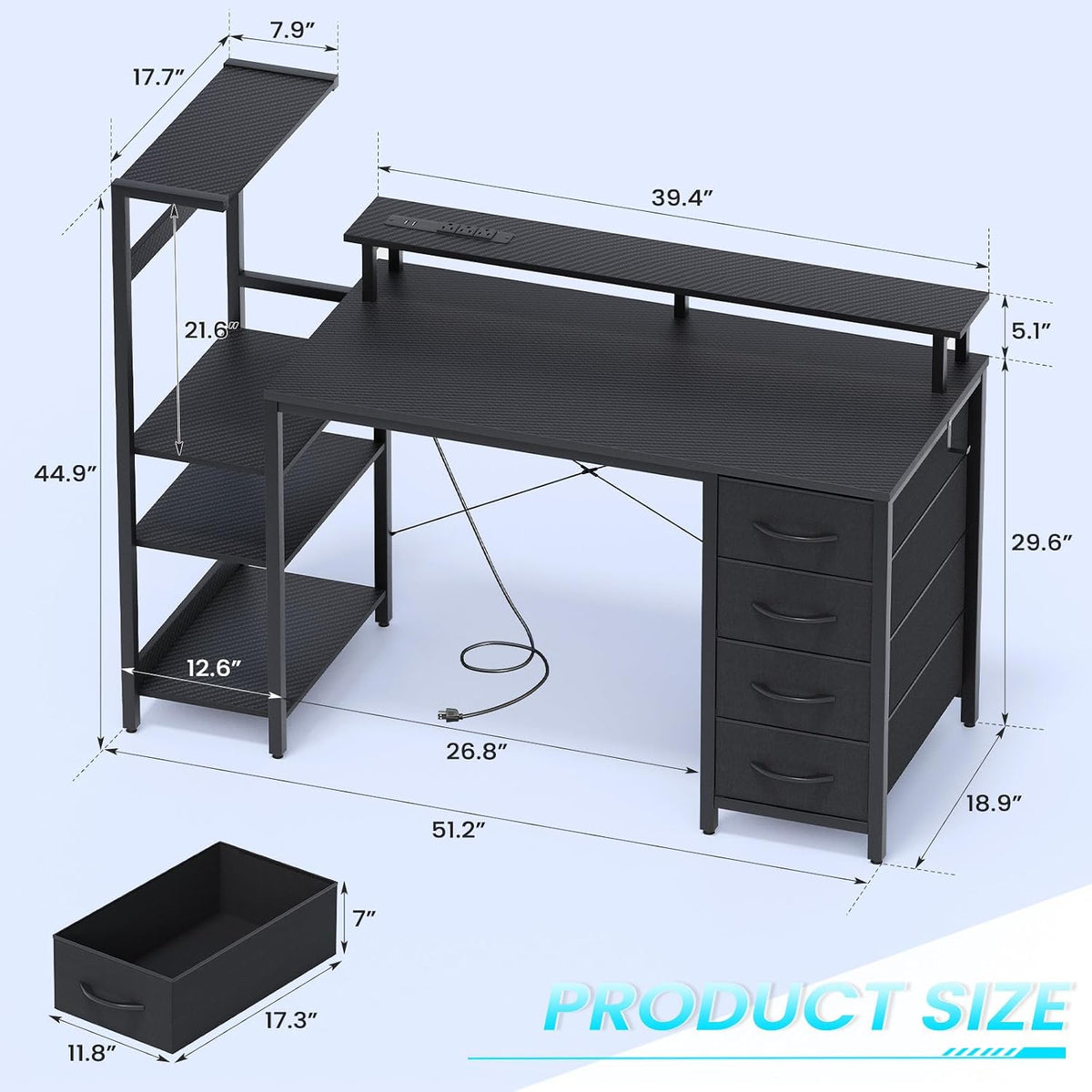 51in Gaming Computer Desk with Drawers & Power Outlet & LED Lights, B...