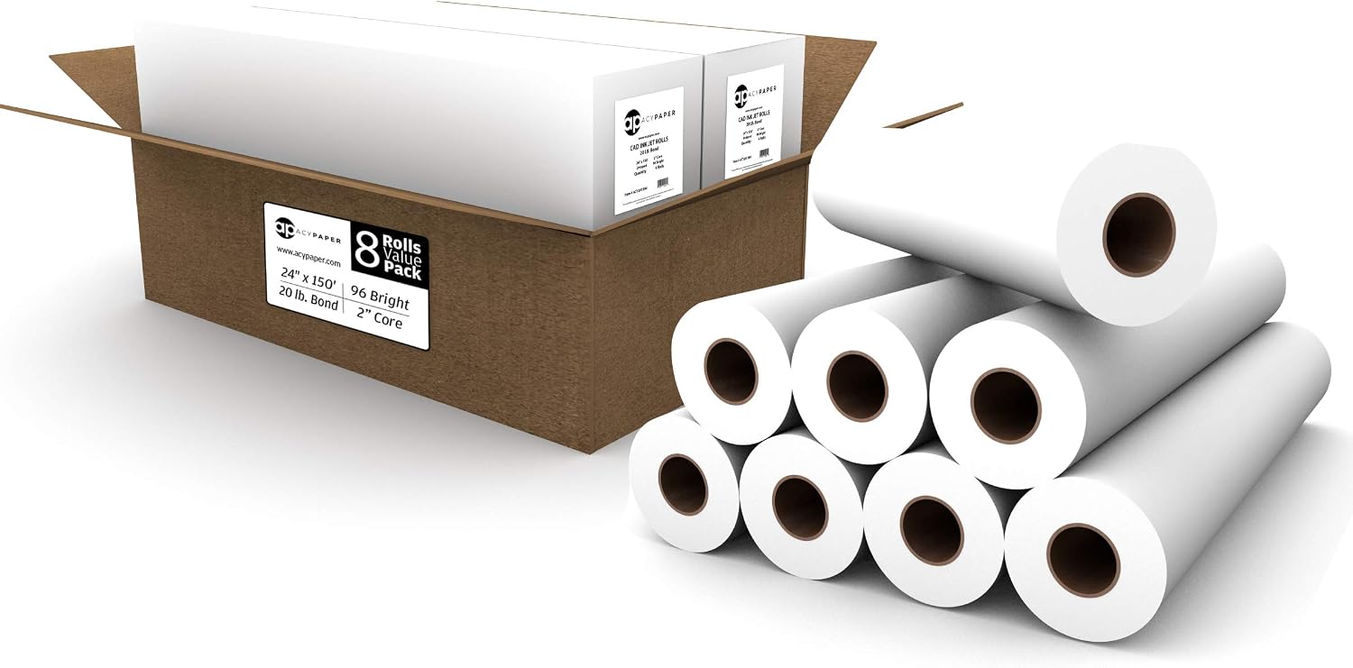 ACYPAPER 8 Rolls Value Pack. 24 x 150 Plotter Paper, 20 lb. Bond, CAD Paper Rolls for Wide Format Ink Jet Printers