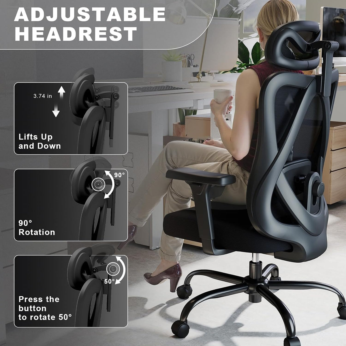mesh office chair with headrest, lumbar support, 3d, close-up detail