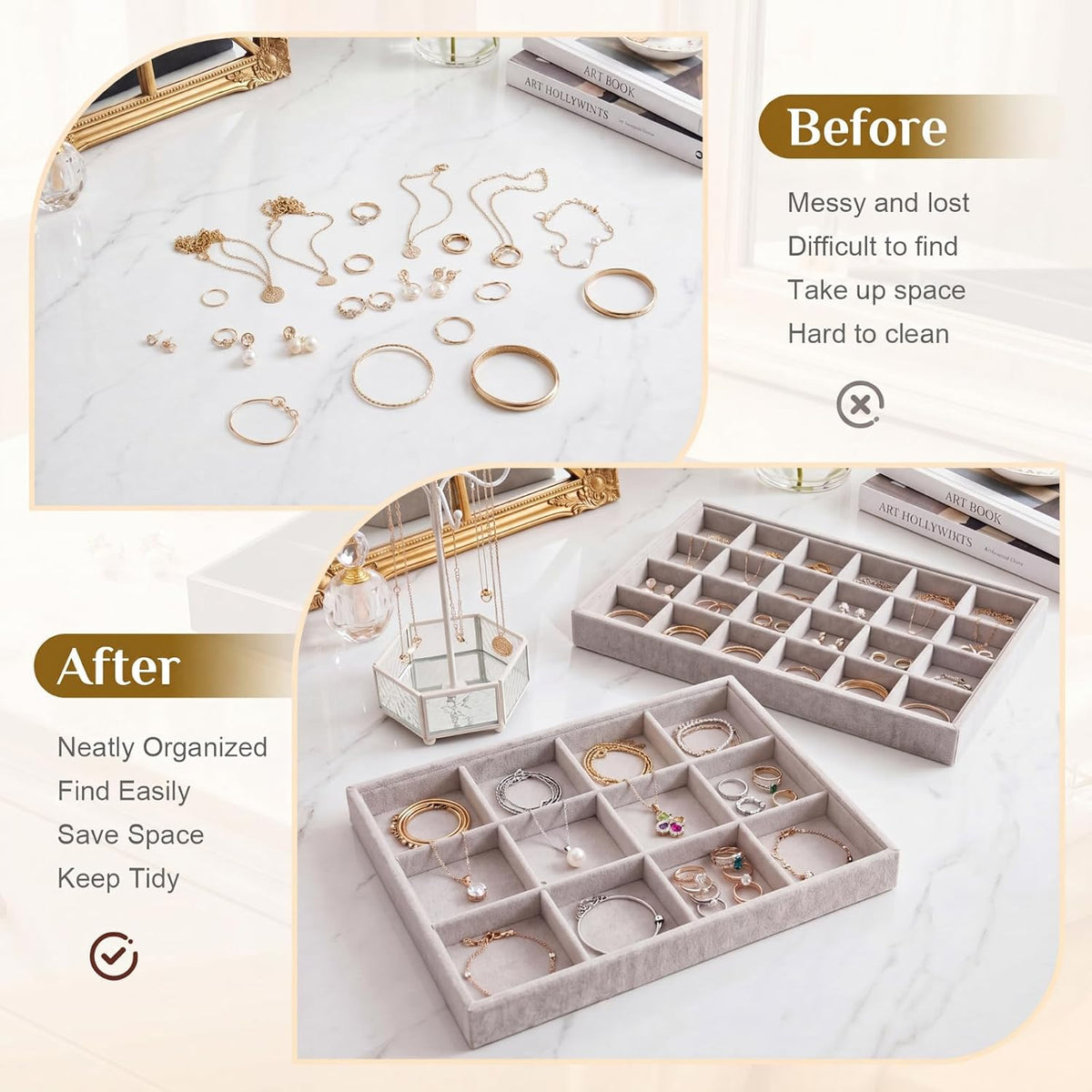 Unittype Set of 4 Stackable Jewelry Organizer Trays, 24+12 Grid, Gray