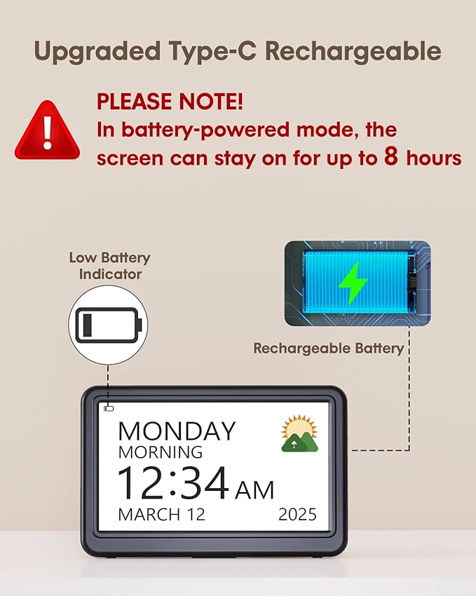 Clock with Day and Date for Elderly Battery Operated, Rechargeable Digital - Image 4