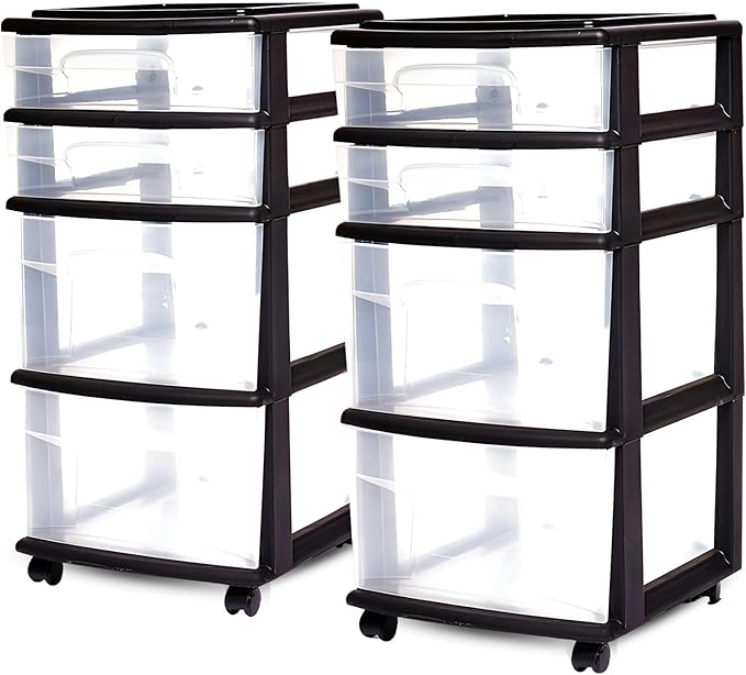 HOMZ 2-Pack Drawer Tower, 4-Tier Clear Plastic Storage Organizer Cart, and by Homz