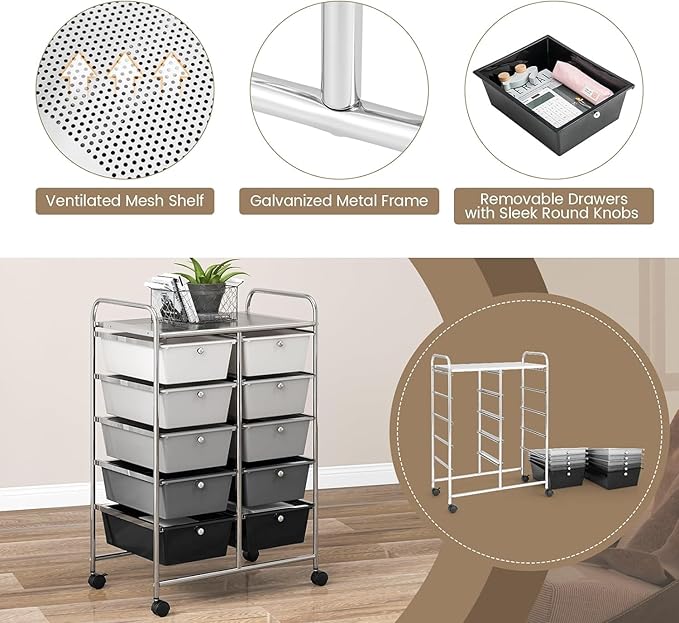 LDAILY 10 Drawer Rolling Cart, Storage Cart Organizer on Wheels, Drawer Cart - Image 7