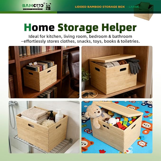 BAMOTTO Lidded Bamboo Storage Bins & Box/Cube/Basket, Home Kitchen and Office - Image 4