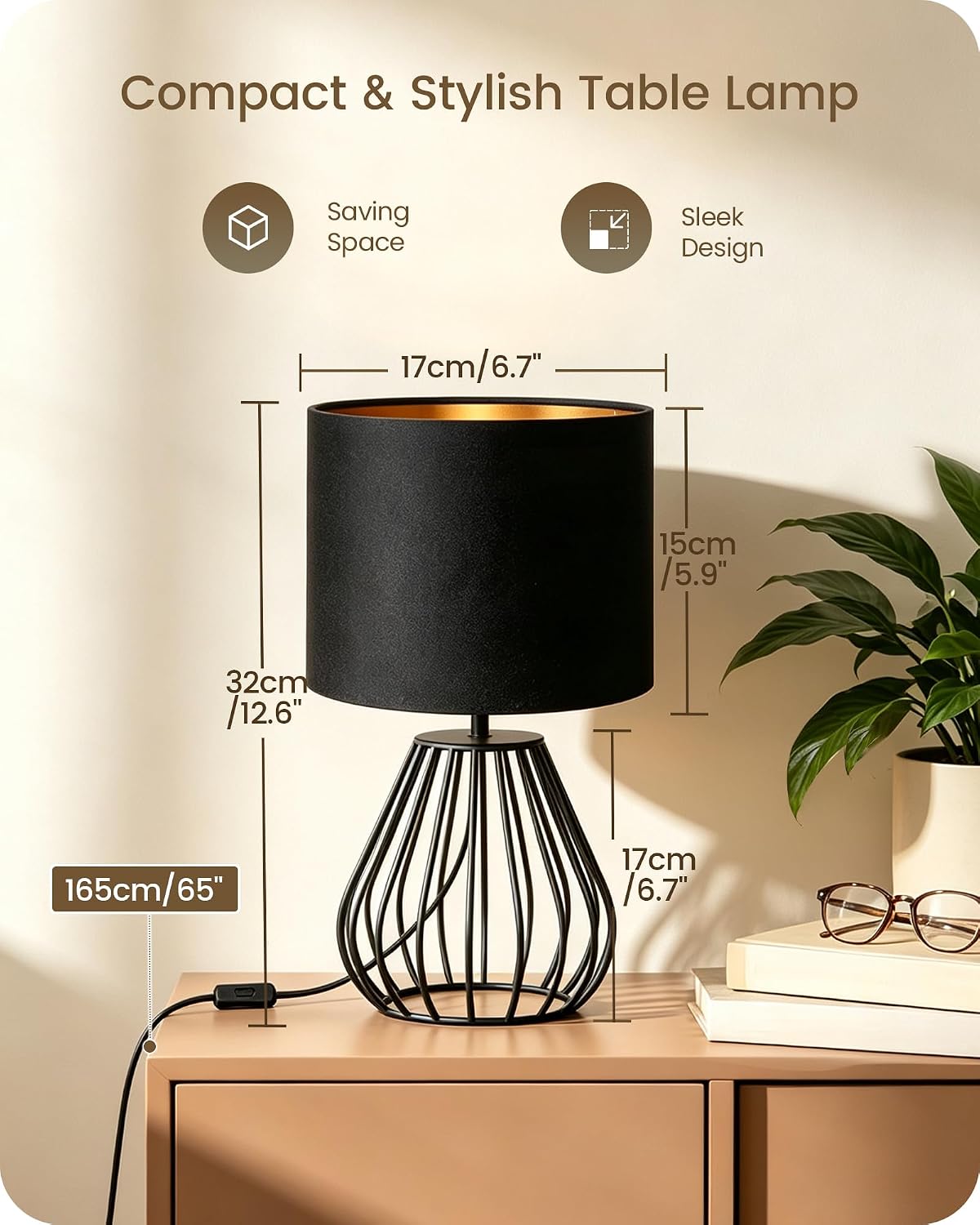Black Table Lamp,12.6" Small Bedside Lamp, Velvet Lampshade