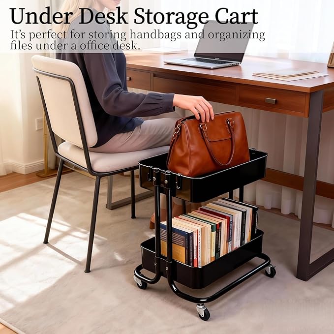 LiWNYRK 2 Tier Cart with Wheels Heavy Duty Metal Rolling Storage Cart - Image 2