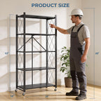 5-tier folding metal storage rack - 63" heavy-duty shown in use