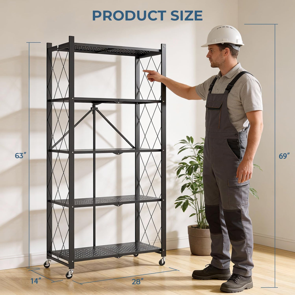 5-tier folding metal storage rack - 63" heavy-duty shown in use