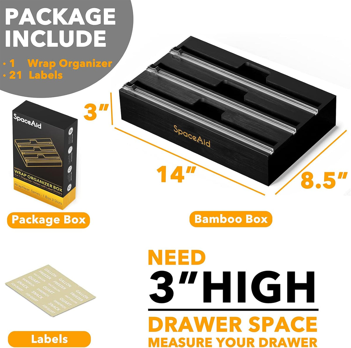 SpaceAid WrapNeat 3 in 1 Wrap Organizer with Cutter and Labels, Plastic Wrap,...