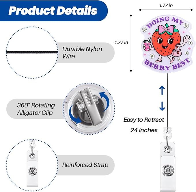 Doing My Berry Best Cute Strawberry Badge Reel, Retractable ID Card Badge - Image 3