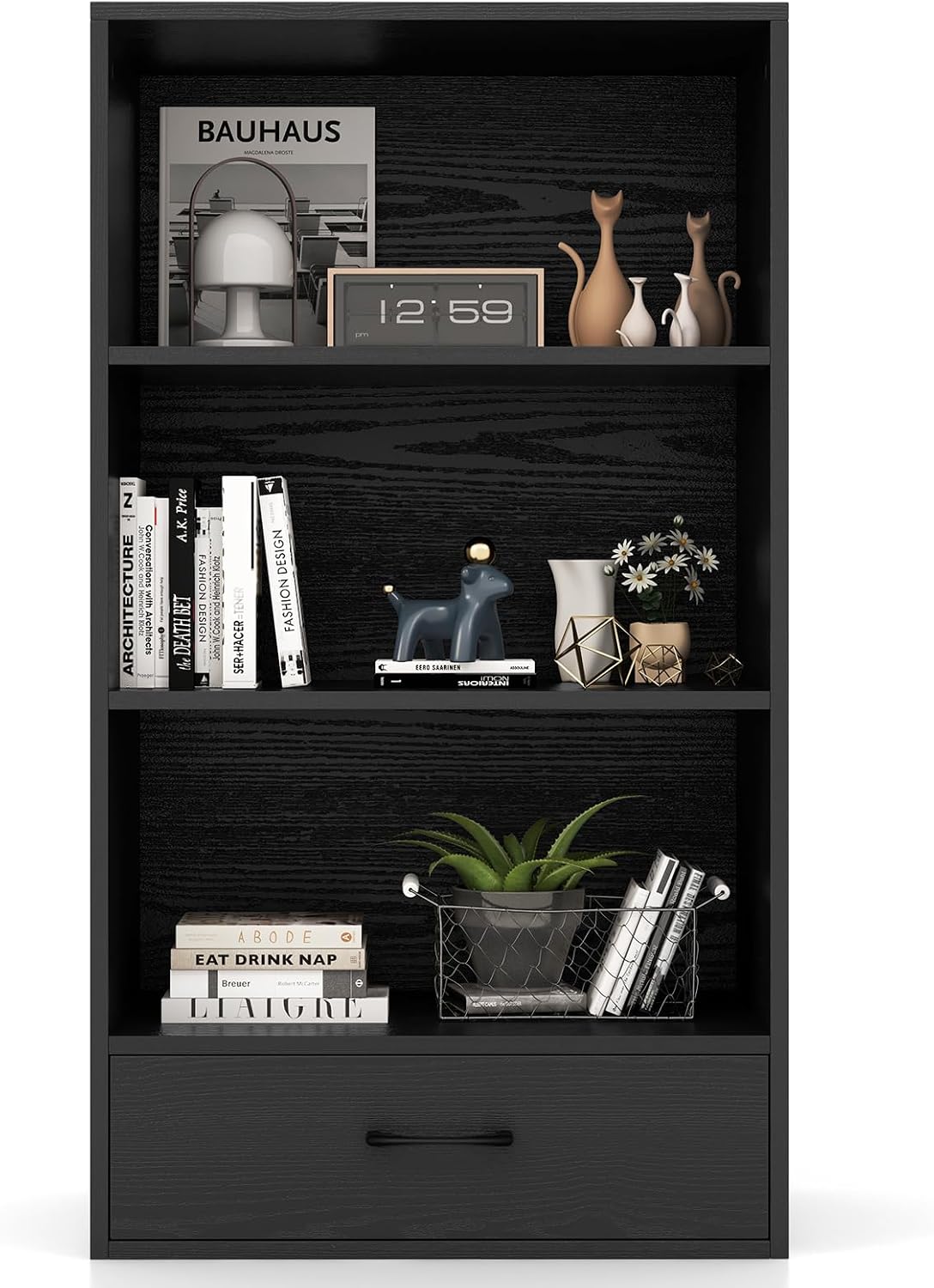 LOKO 4-Tier Bookcase with Storage Drawer, Modern Organizer Display Storage