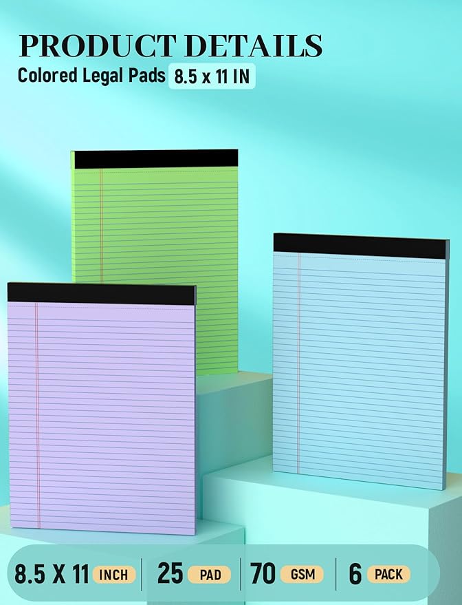 Legal Pads 8.5 x 11 In, Colored Legal Pads, 6 Pack Note Pads 8.5 x 11 Writing - Image 3