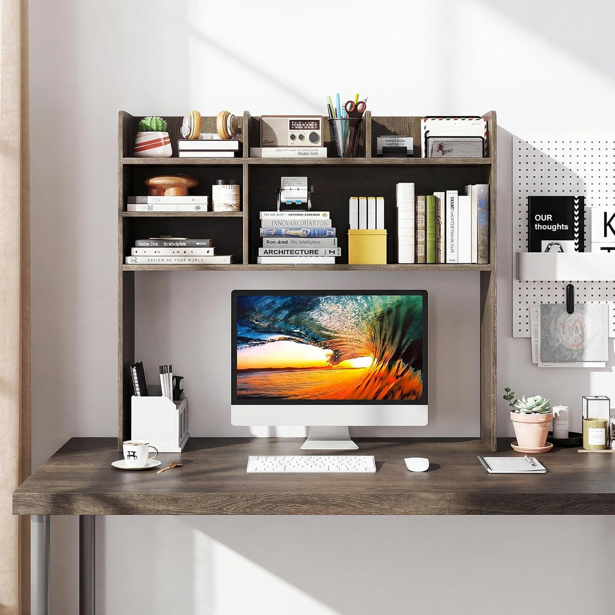 GIANTEX Desktop Bookshelf, 37" Desk Hutch Dorm for Computer Up to 32 Inc...