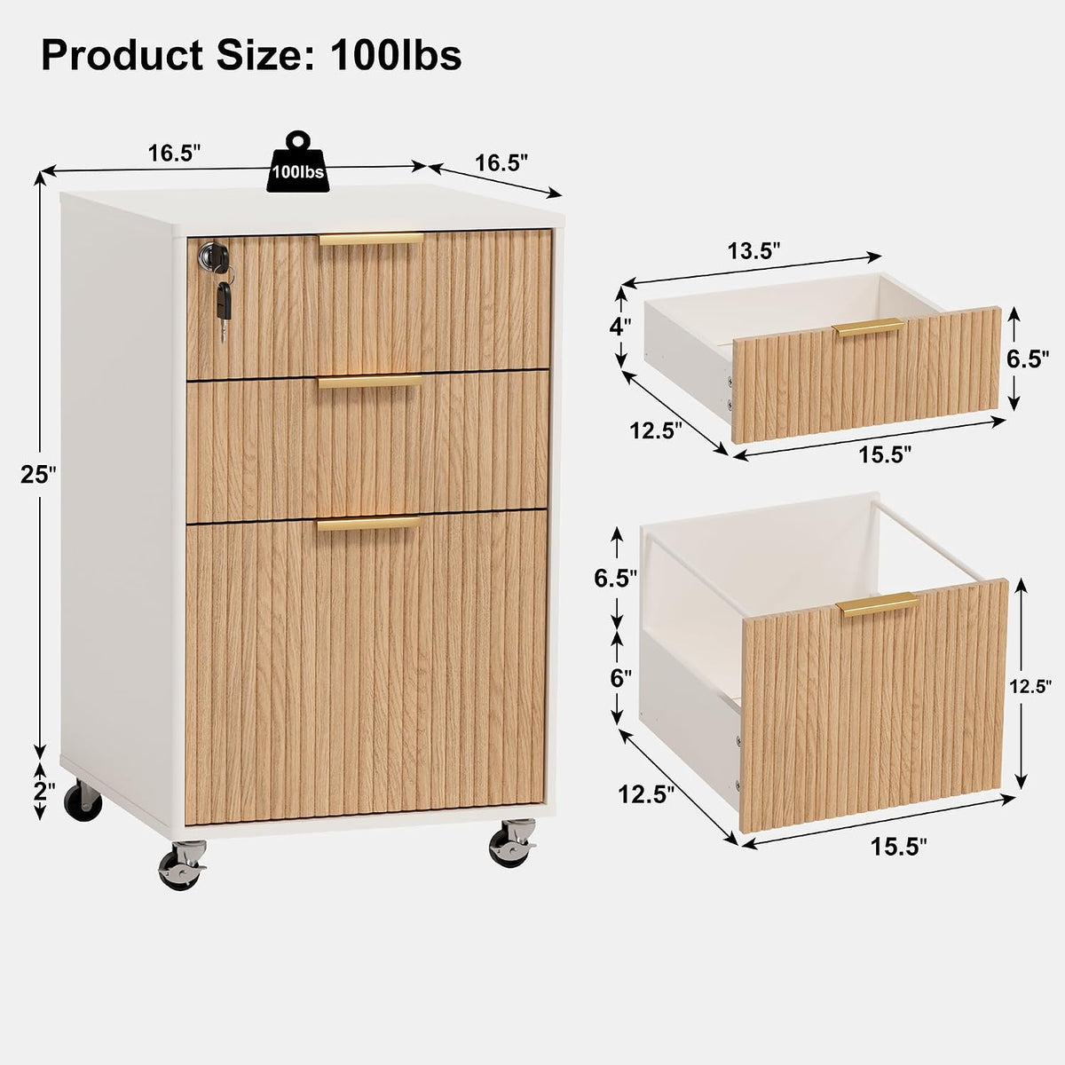 3 drawers fluted mobile file cabinet with lock shown in use