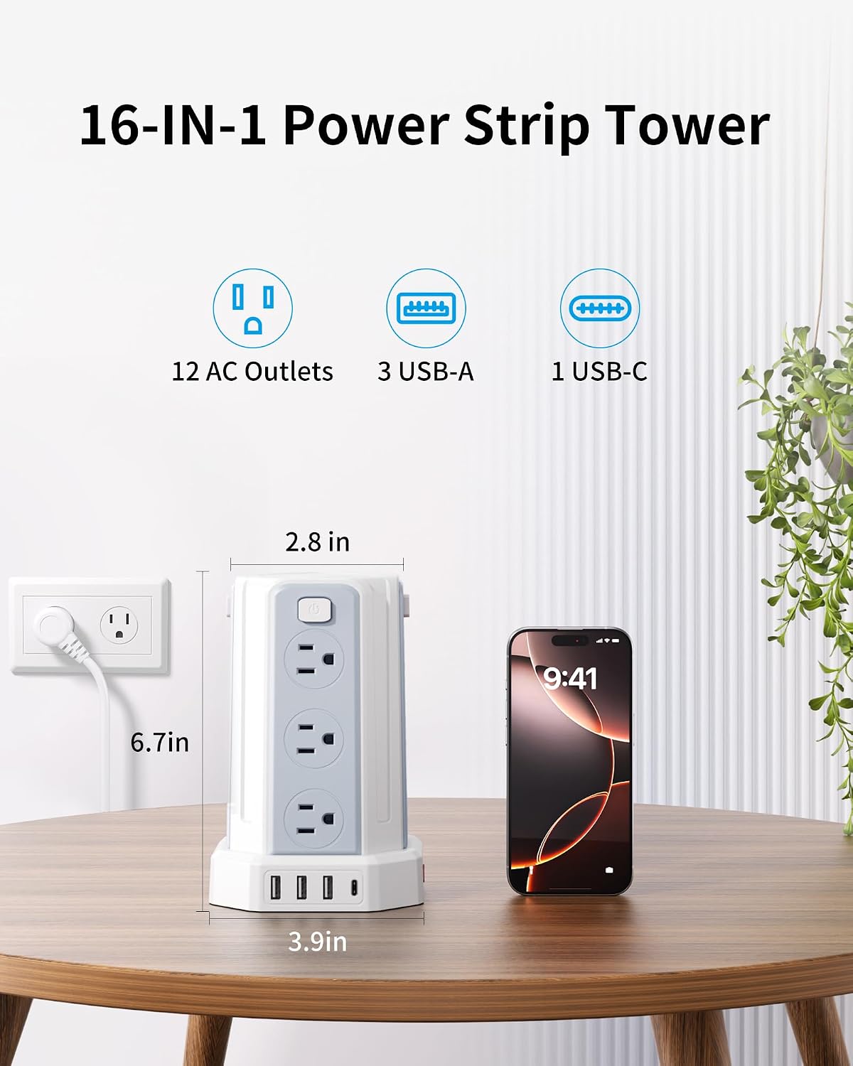 Power Strip 6.5 Ft Extension Cord with 12 AC Multiple Outlets 4 USB (1 USB C)...