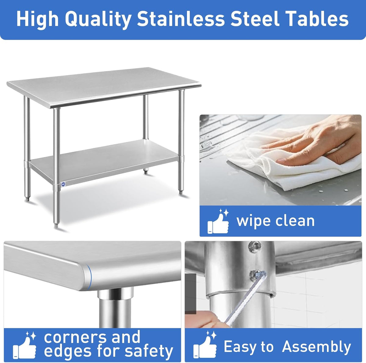 ROCKPOINT Stainless Steel Table for Prep & Work 24x48 Inches, NSF Metal C...