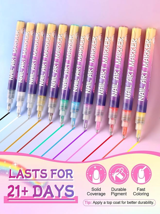 EBANKU 12 Colors Nail Art Pens Kit 0.5MM Ultra-Fine Tip 3D Nail Polish Pens - Image 3