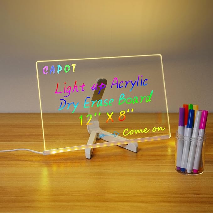Acrylic Dry Erase Board with Light 11.8 X 7.9” Clear Light up Dry Erase Board by CAPOT
