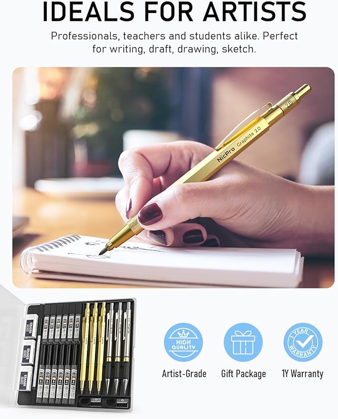 Nicpro Gold Art Mechanical Pencil Set, Metal Drafting Pencil 0.5, 0.9mm & 2mm - Image 6