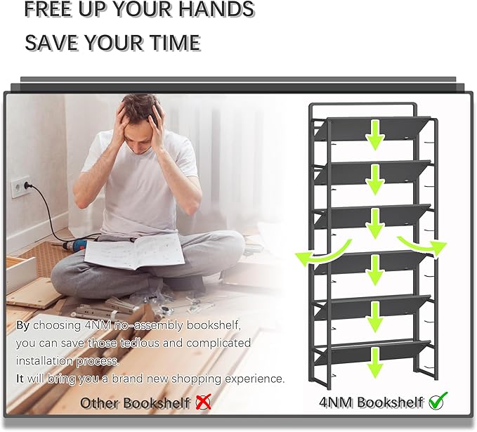 4NM No Assembly 6 Tiers Folding Bookshelf Storage Shelves Vintage Bookcase - Image 7