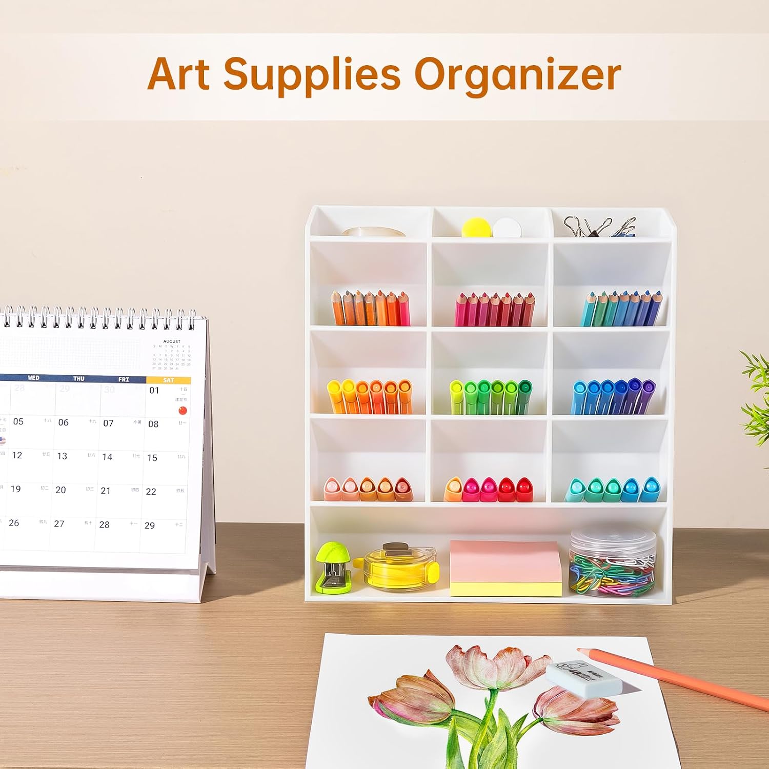 BEYGORM Acrylic Vertical Marker Organizer for 150 Markers, Desk Orgaizer | 13 Compartments Clear Angled Pen & Pencil Holder, Large Stationery & Art Supply Storage for School (10.2 x 9.8 x 4 Inch)