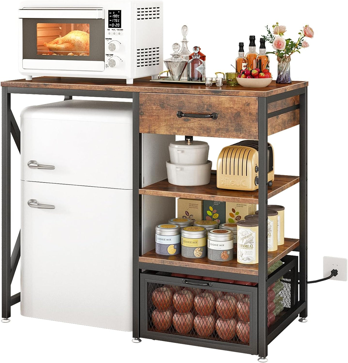 Mini Fridge Cabinet with Power Outlet and Adjustable Shelves,Rustic Brown