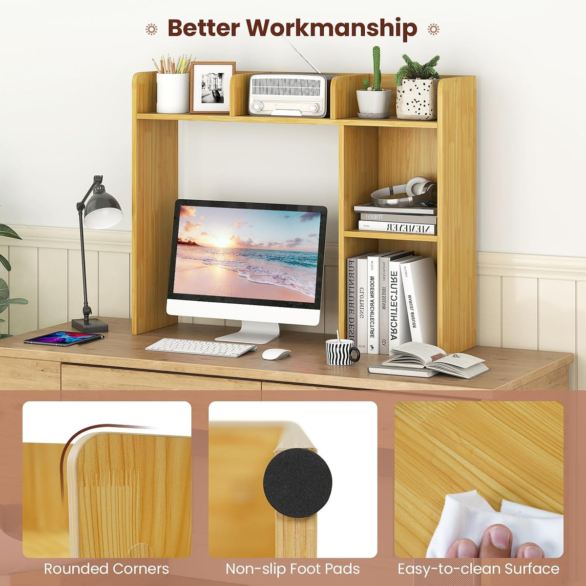 Desktop Bookshelf, 3-Tier Wood Countertop Bookcase with 5 Shelves, Desk Hutch...