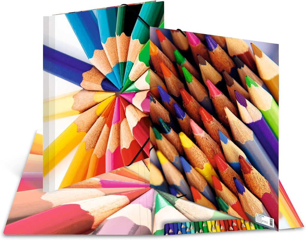 HERMA 19231 Sammelmappe DIN A3 Impressions Stifte, stabile Pappe, Ordnungsmappe mit farbig bedruckten Innenklappen und Gummizug, Zeichenmappe für Kinder, Mädchen und Jungen