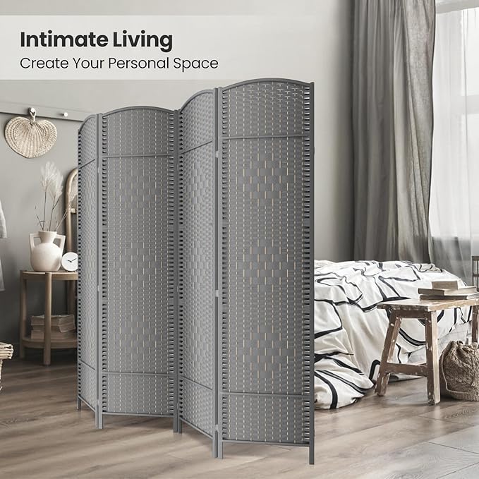 cocosica Paper Rope Room Divider, 4 Panel Wood Mesh Woven Design Screen - Image 4
