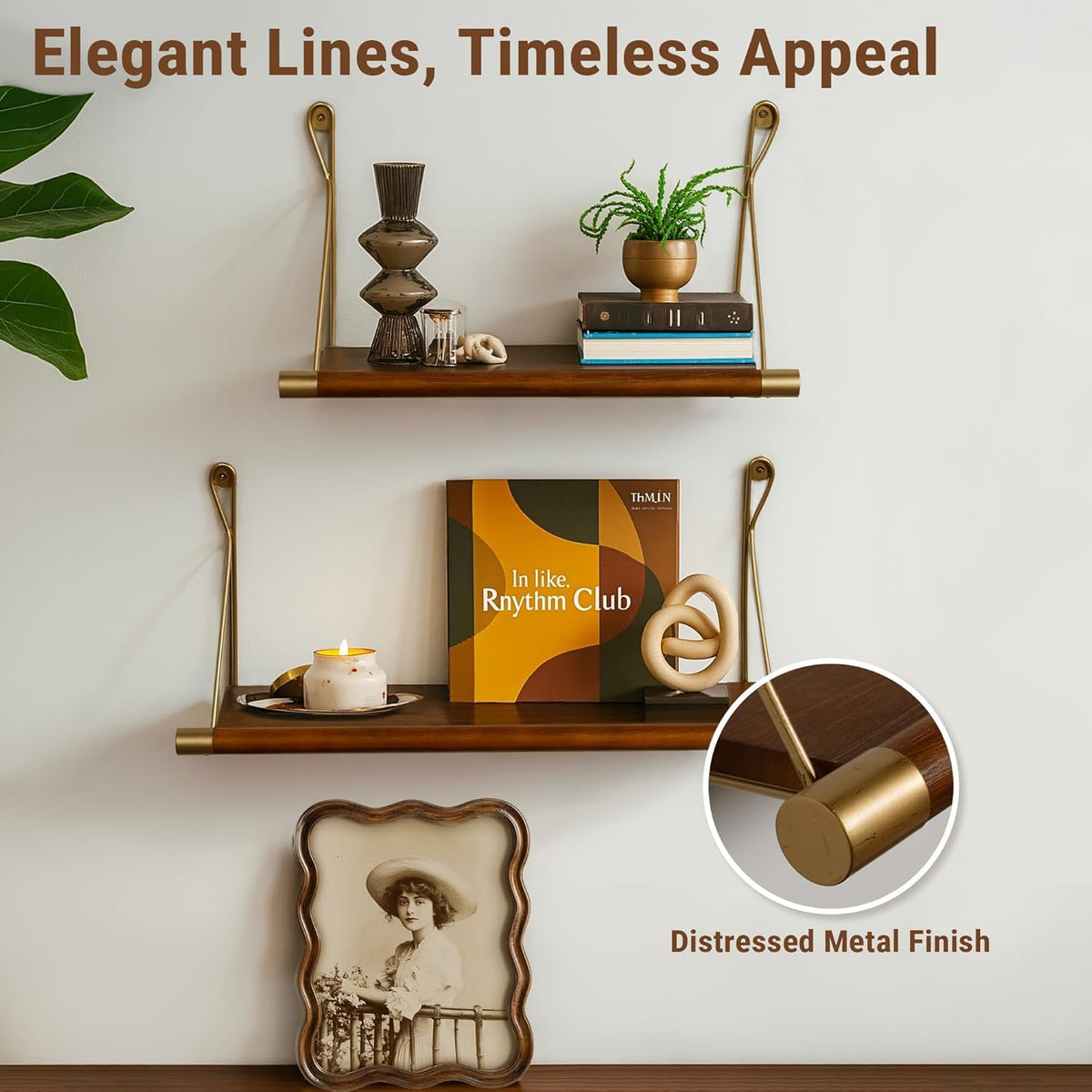 Afuly Walnut Floating Shelves for Wall Mid Century Modern Decor Brass Shelf