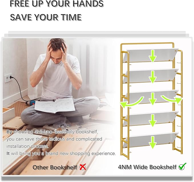 4NM No Assembly Extra Wide 5 Tiers Folding Bookshelf Storage Shelves Vintage - Image 6