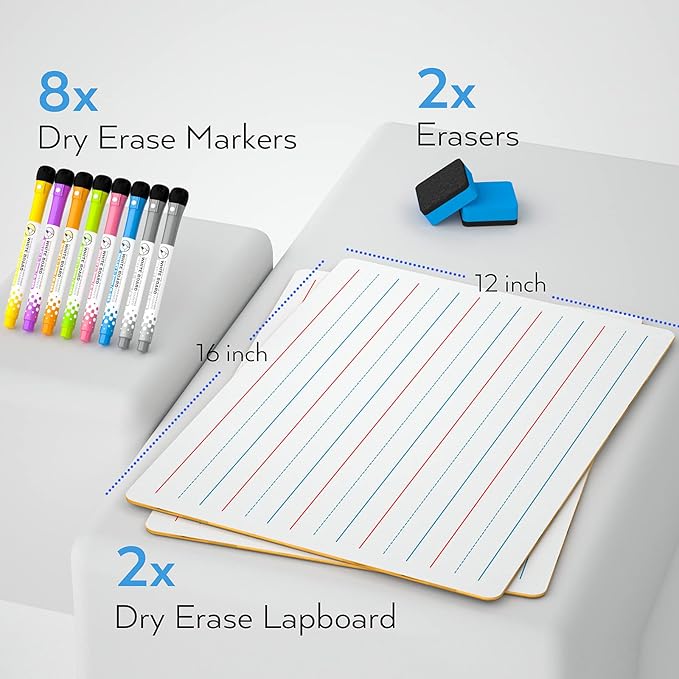 Nicpro Dry Erase Lap Board 12 x 16 inches 2 Pack Ruled Kid Double Sided Blank & - Image 3