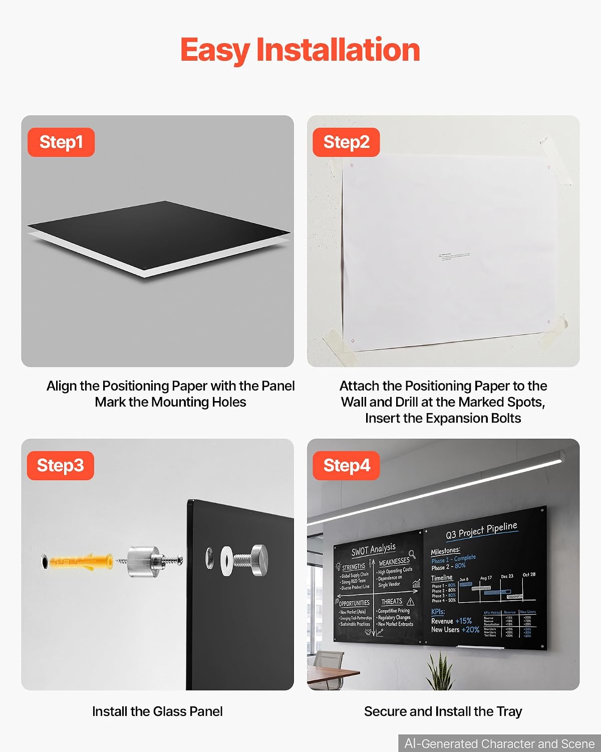 VEVOR Glass Dry Erase Board 96 x 48 in Black Magnetic Whiteboard