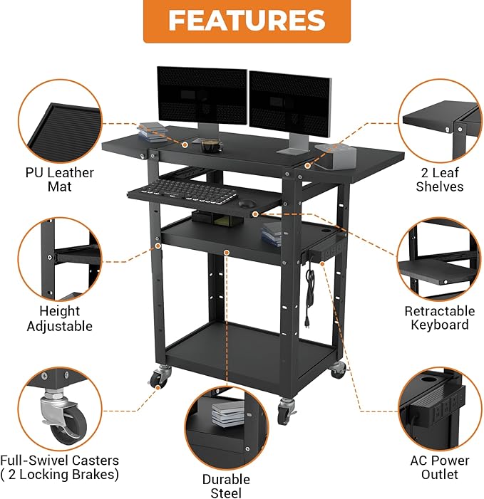 Mobile AV Cart with Pullout Keyboard Tray, Rolling Computer Cart Height - Image 5