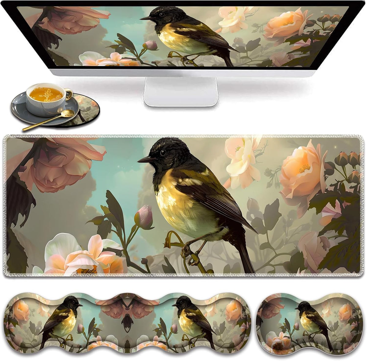 Large Gaming Mouse Pad, Keyboard Wrist Rest Pad + Mouse Wrist Pad + Coaster 4...