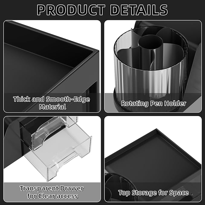 Marbrasse Desk Organizer with 2 Drawer, 360°Rotating Pen Holder, Desk - Image 5