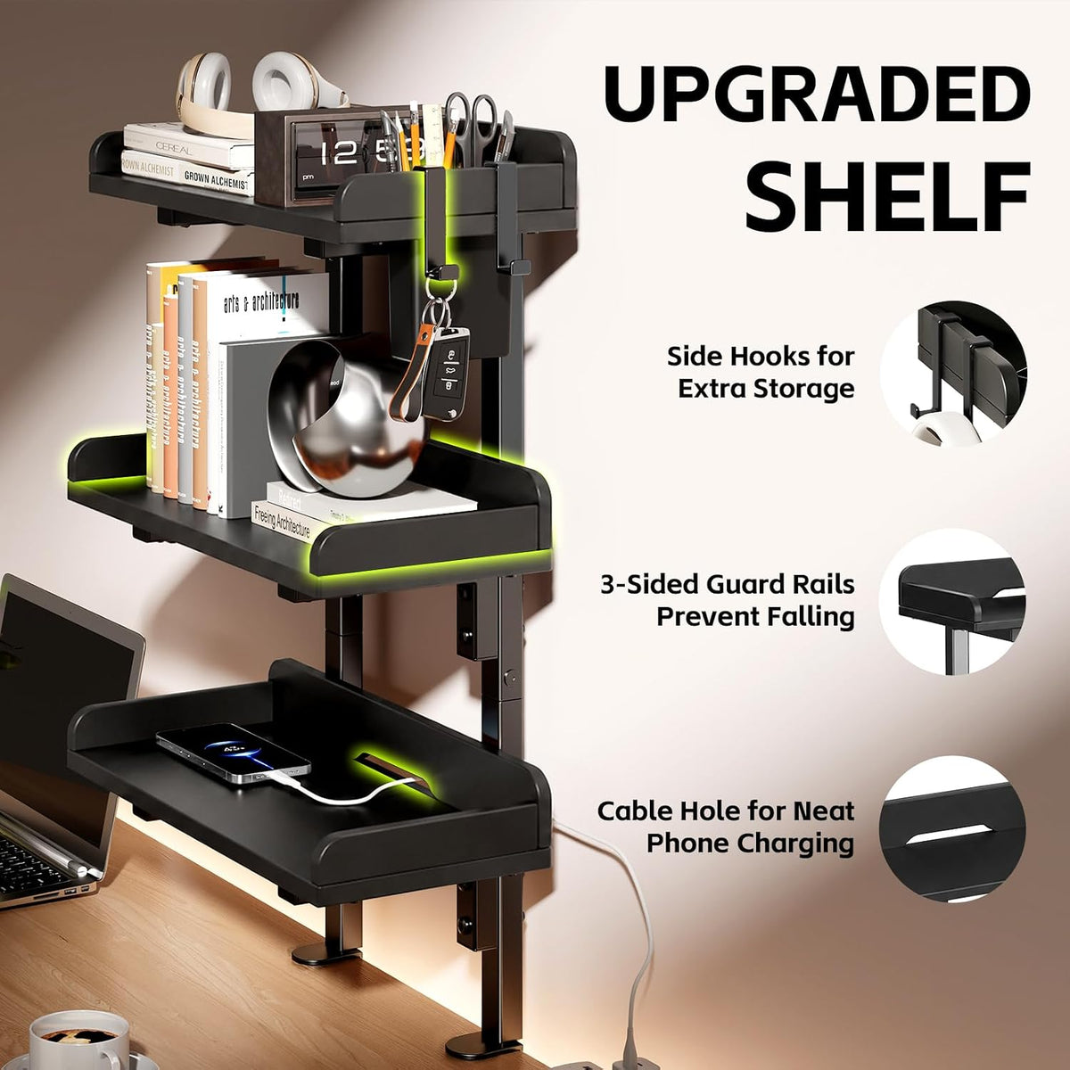 3-Tier Clamp on Wood Desktop Shelf, Adjustable Height Office Desk Organizer
