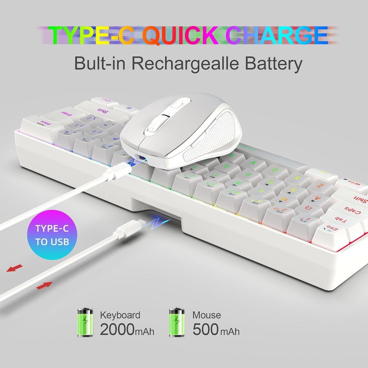 Snpurdiri 2.4G 60% Wireless Gaming Keyboard and Mouse Combo (White-Grey)