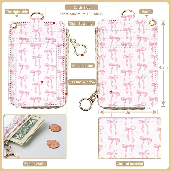 bolimoss Cute Pink Bow Lanyard Wallet, 2-in-1 ID Badge Holder & Leather Credit - Image 2