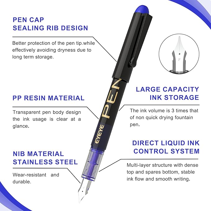 EYEYE Fountain Pens for Writing, 8 Pack Blue Fine Point Pens Disposable - Image 3