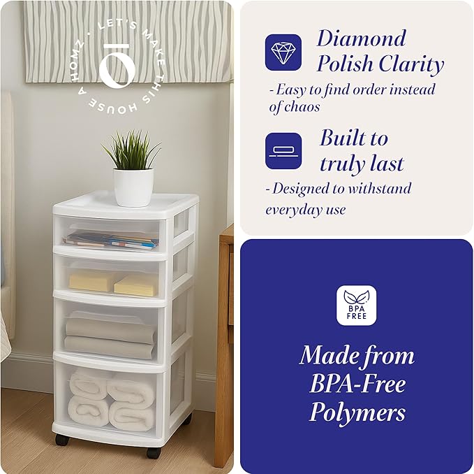 HOMZ 2-Pack Drawer Tower, 4-Tier Clear Plastic Storage Organizer Cart, and - Image 5