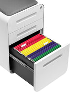 Laura Davidson Furniture STOCKPILE Curve Seated 3-Drawer Mobile File Cabinet with Removable Magnetic Cushion Seat - Metal Filing Cabinet, Pre-Assembled, White with Dark Grey Cushion