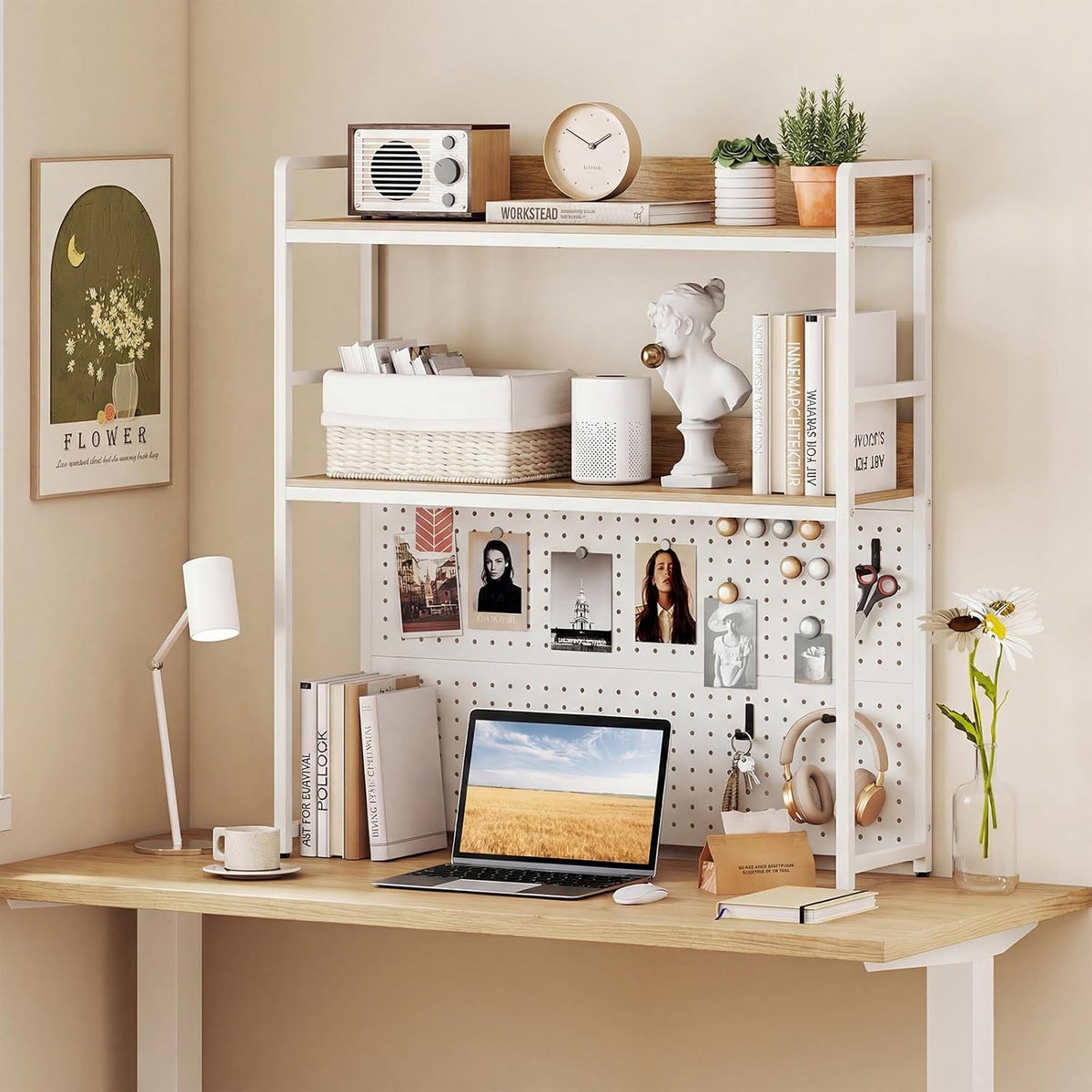 Tangkula Desktop Bookshelf, Multipurpose 2-Tier Desk Hutch with Pegboard, Ind...