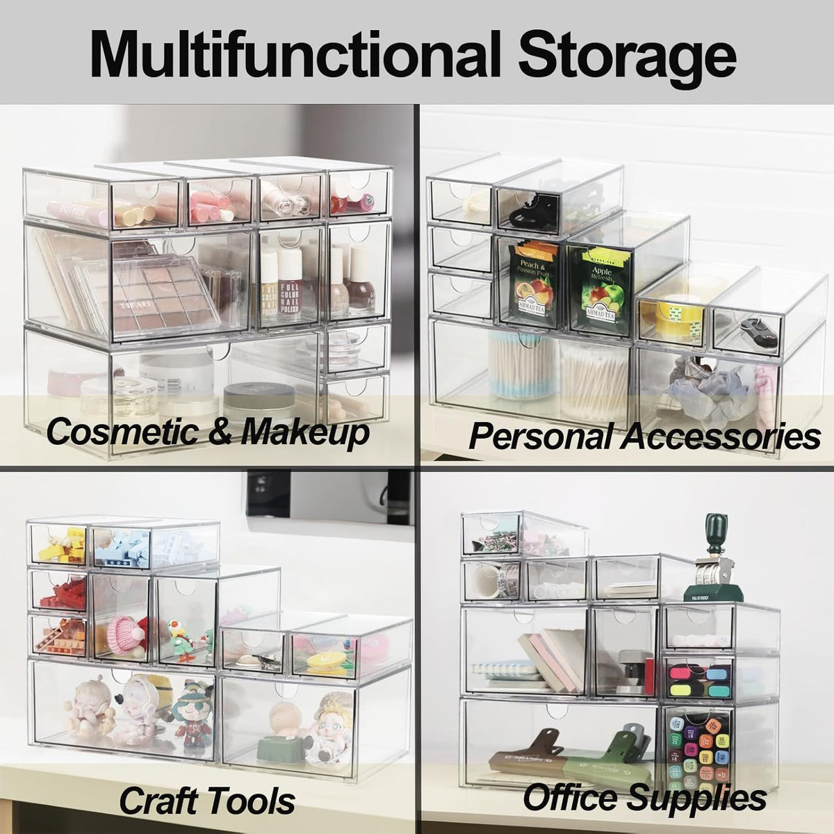 Acrylic Makeup Organizer, 10 Drawers Clear Storage Organizer Desktop Stackabl...
